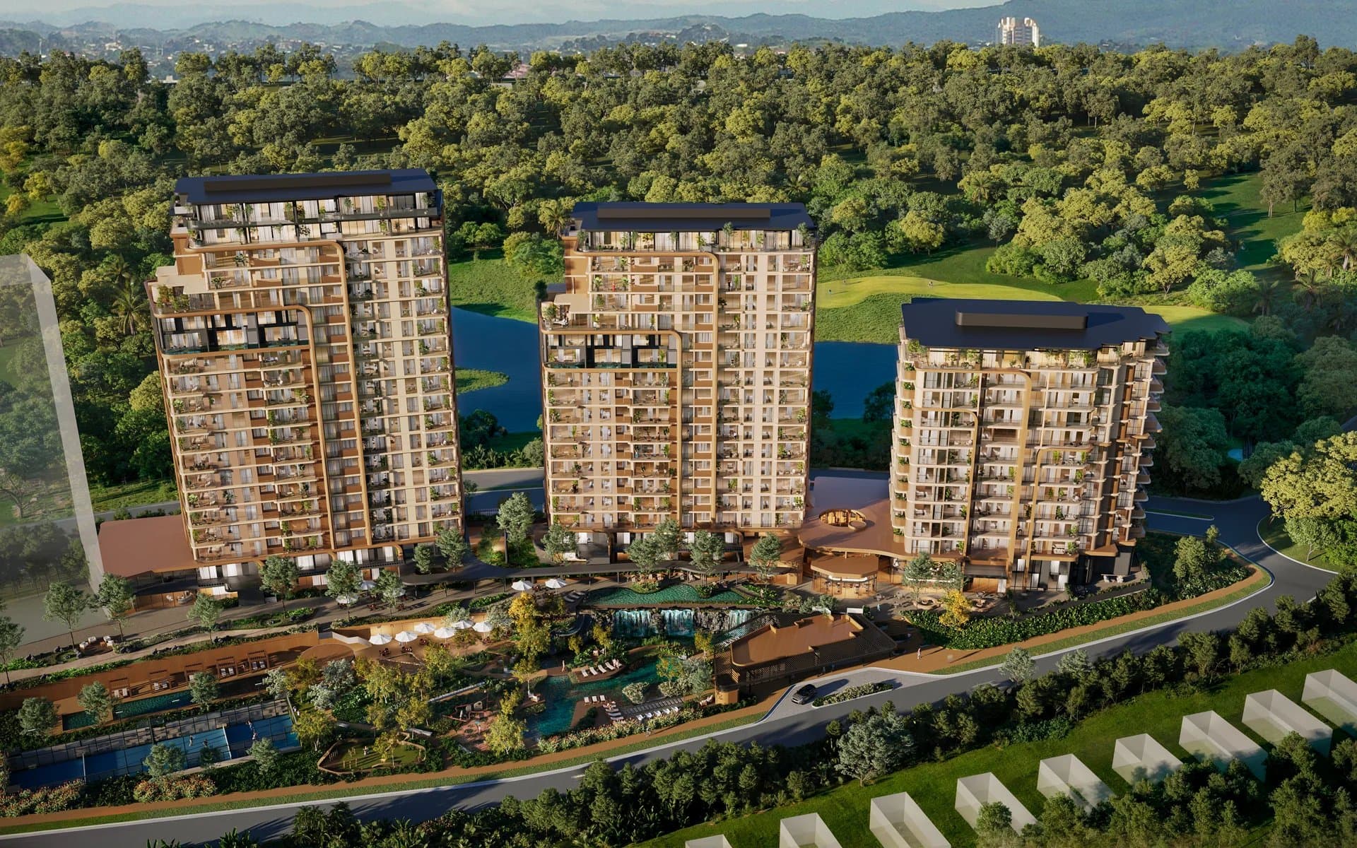 Aerial view of the Bosco di Santa María towers, pools and gardens surrounded by forest