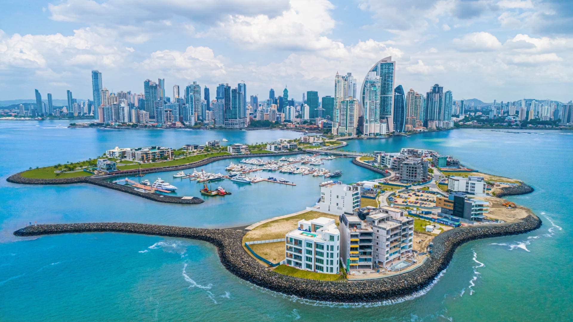 Aerial view of Ocean Reef Islands with the Panama City skyline behind