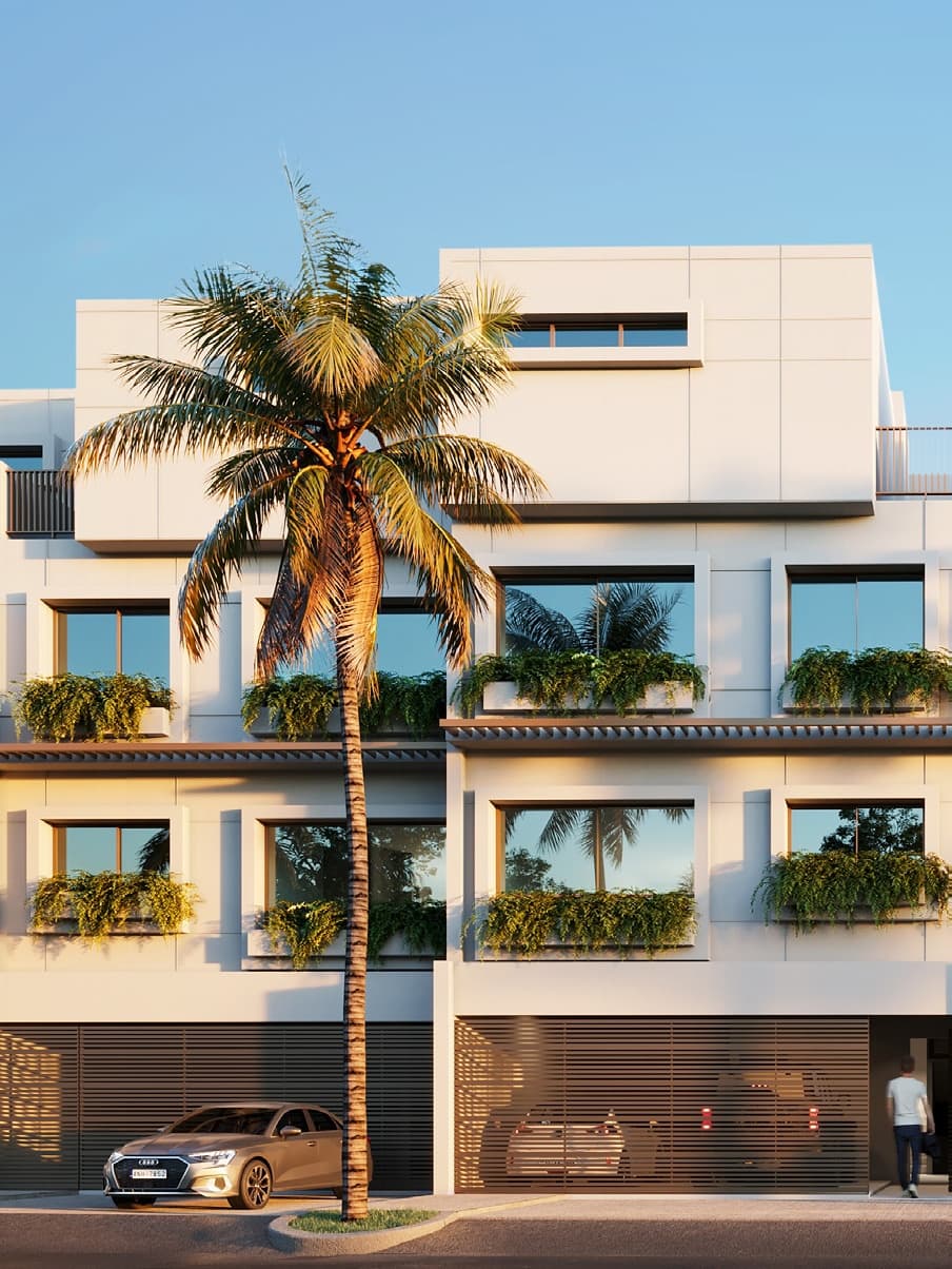 Ocean Reef Park townhouse facade with terraces, planters and garage