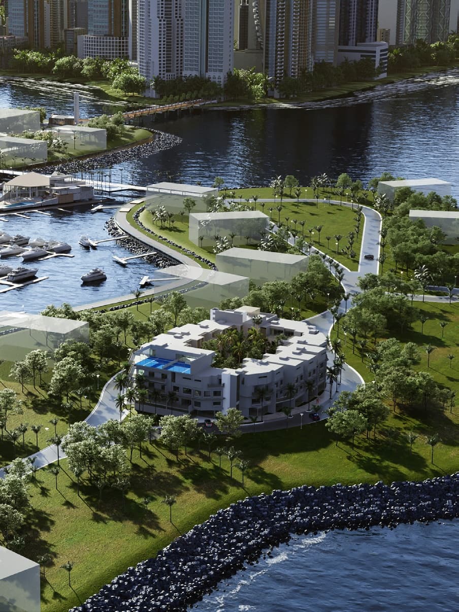 Ocean Reef Park on Ocean Reef Islands seen from above with the marina and Panama City behind