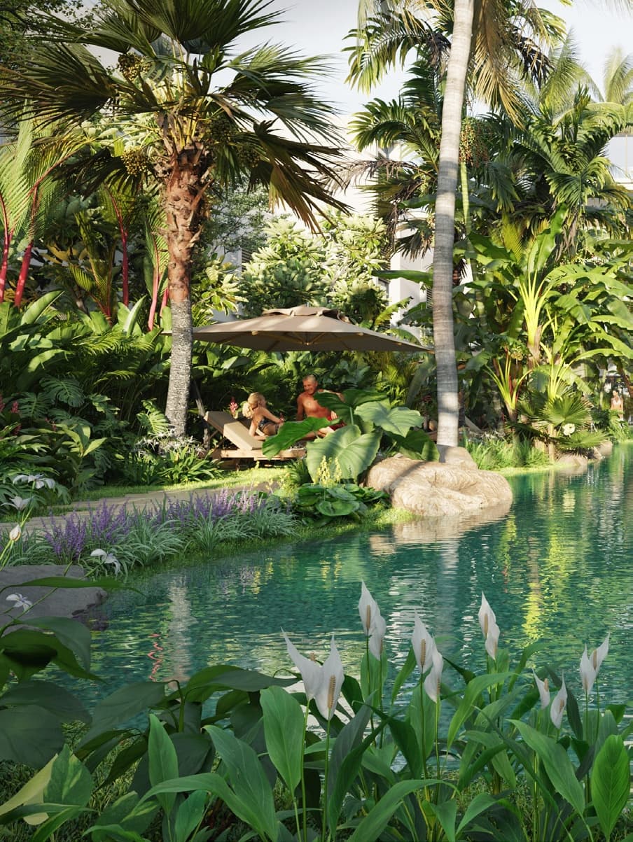 Lagoon-style pool surrounded by tropical gardens at Ocean Reef Park
