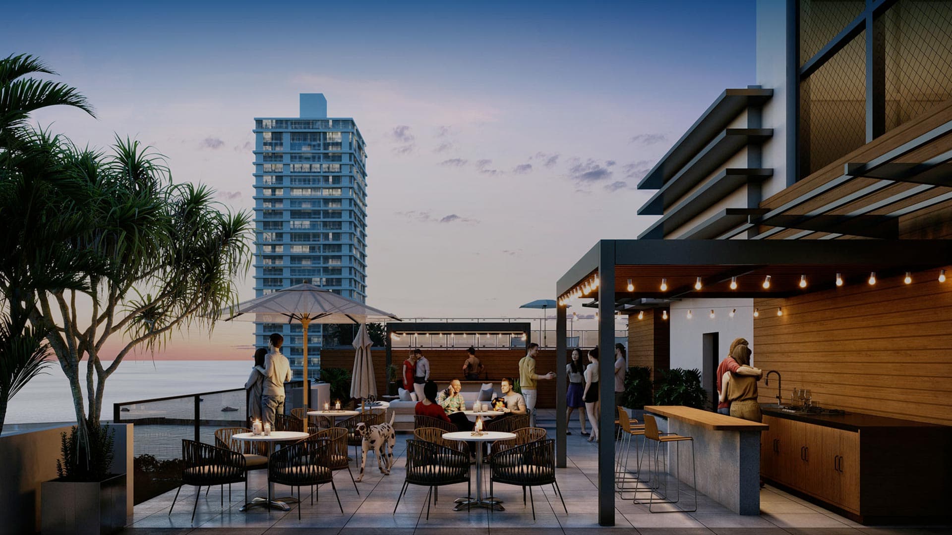 Rooftop bar and dining terrace at Armonía at dusk