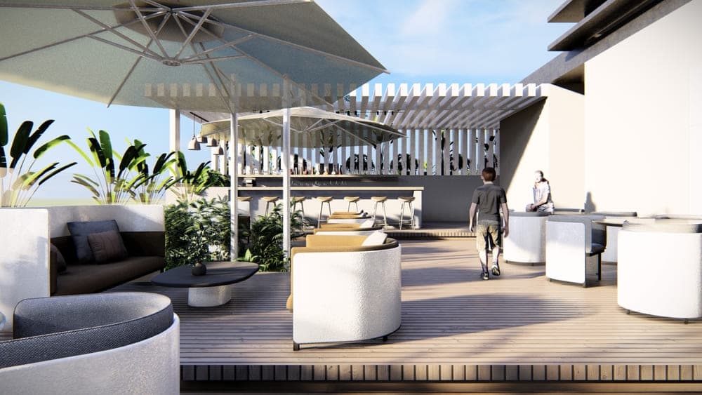 Shaded rooftop lounge terrace at Armonía