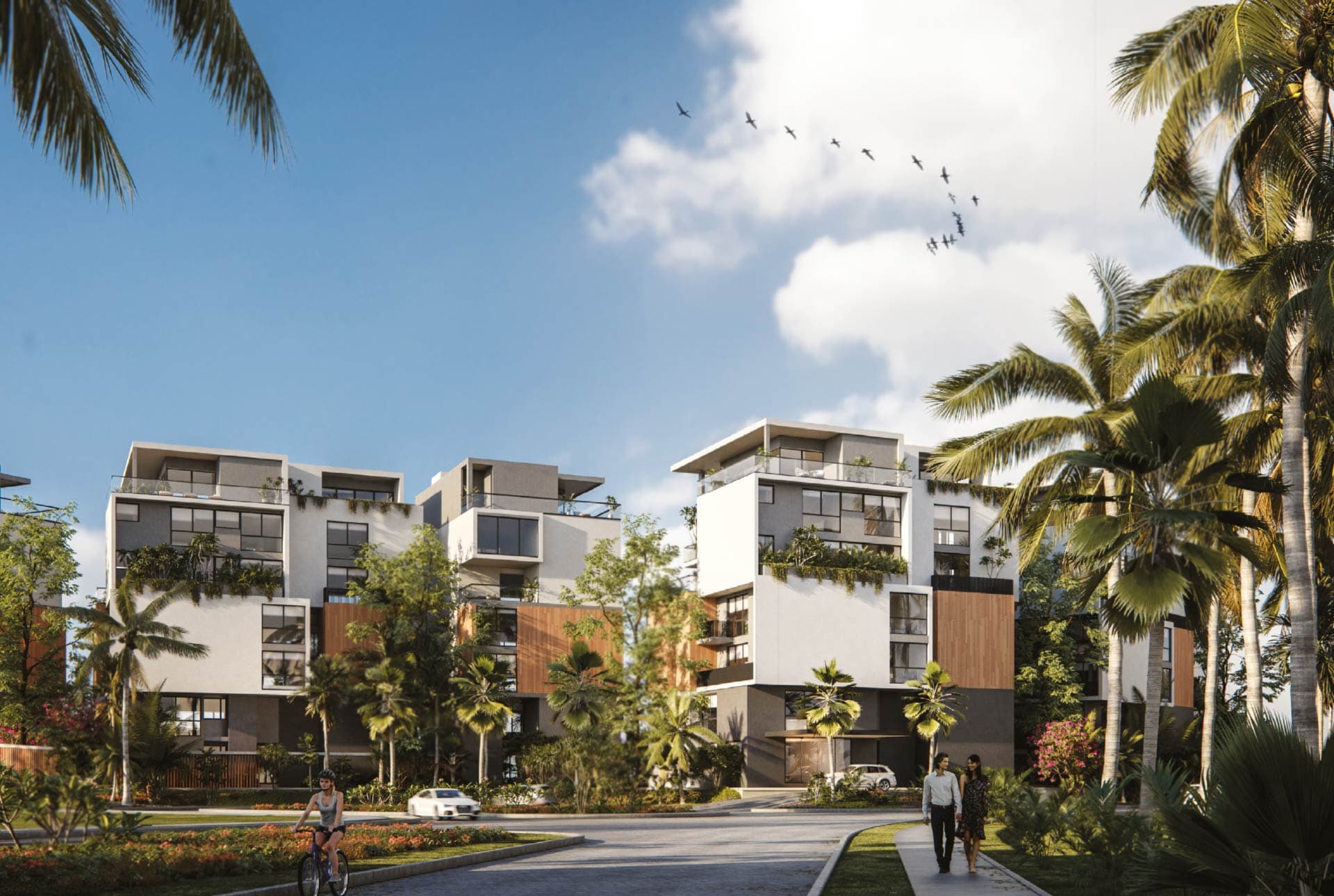 Rendering of The Palms Beach Resort residential buildings among tropical gardens on Ocean Reef Islands