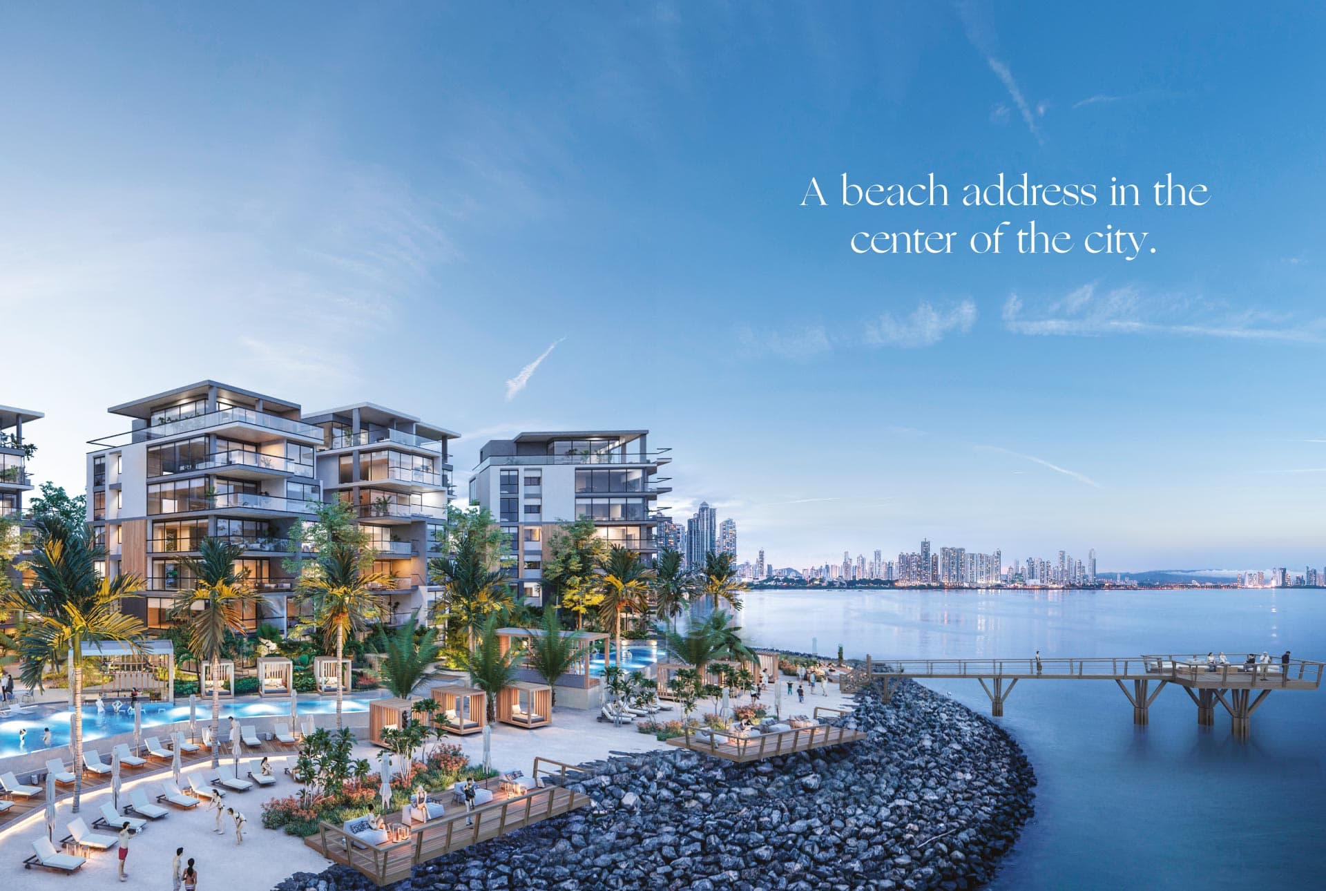 Rendering of The Palms Beach Resort beach deck, pools and fishing pier facing the Panama City skyline