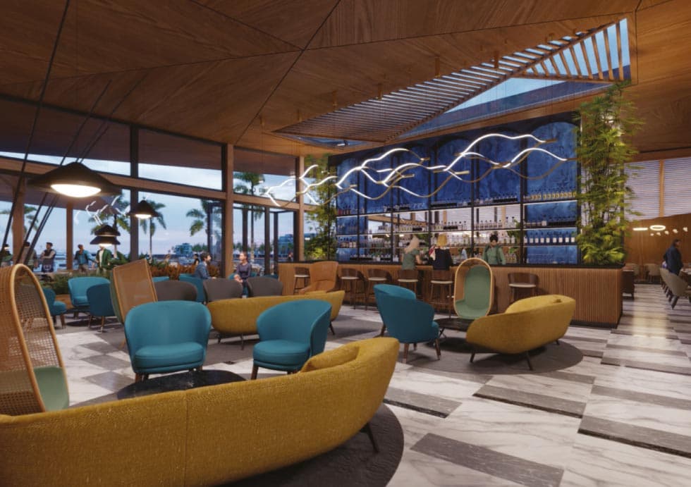 Rendering of the clubhouse lounge at The Palms Beach Resort with curved sofas and a timber ceiling