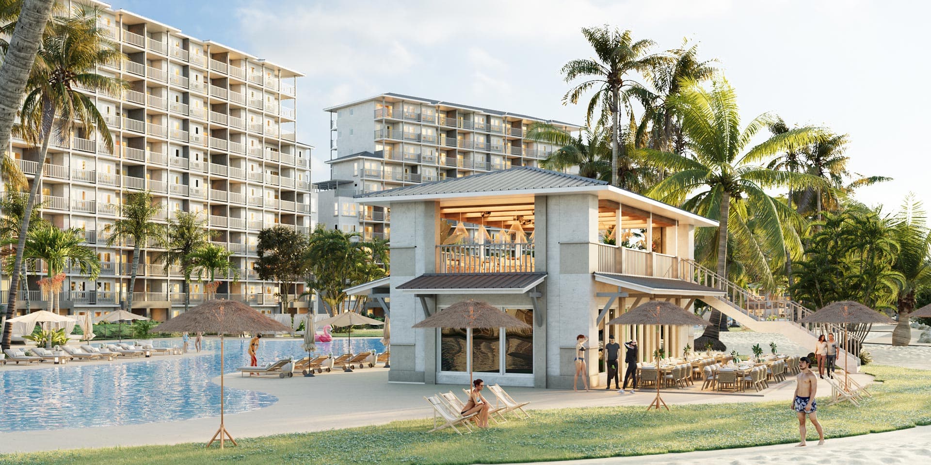 Rendering of Bayside apartment buildings around the lagoon pool and beach club