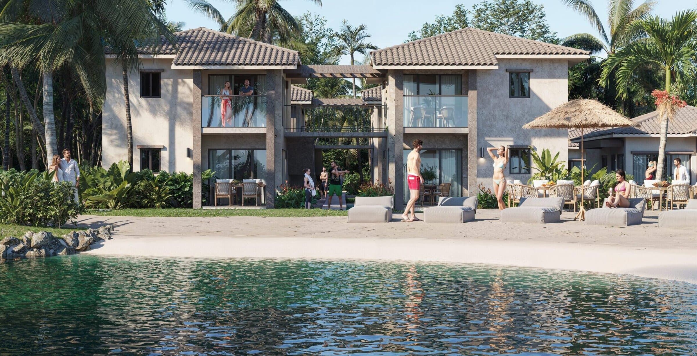 Rendering of Bayside townhouses facing the lagoon beach