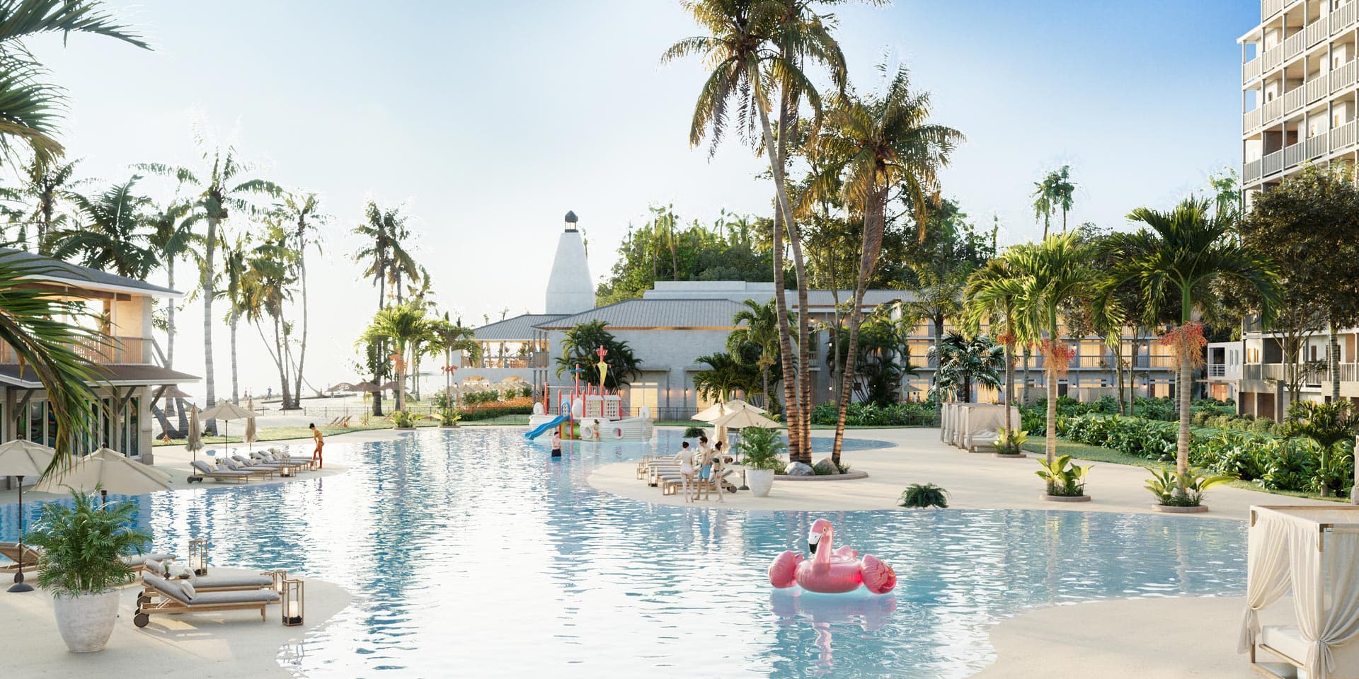 Rendering of the Bayside lagoon pool with palm trees and apartment towers