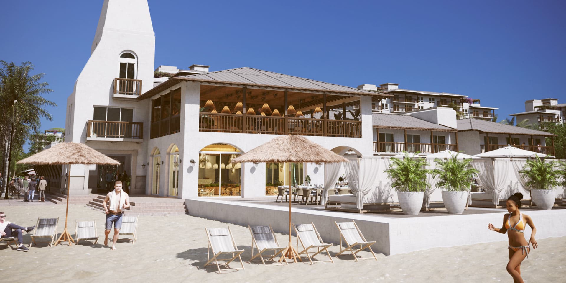 Rendering of the Bayside beach club terrace on the sand