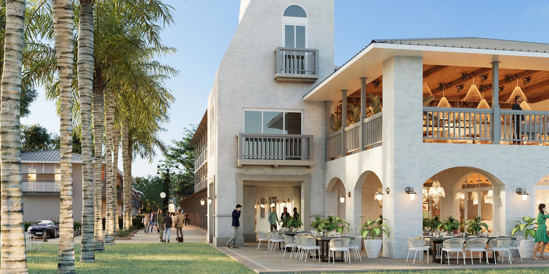 Rendering of the Bayside village with restaurants and shops