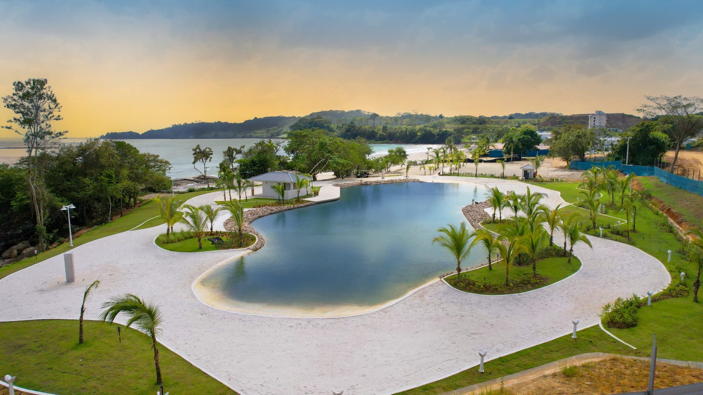 The Bayside lagoon pool at sunset