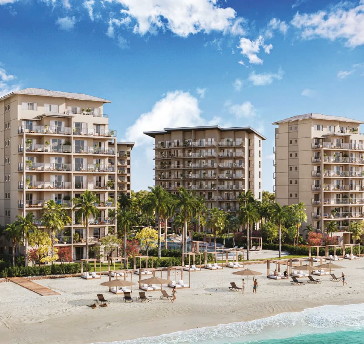 Rendering of the BeachWalk condominium towers on the beach at Playa Caracol