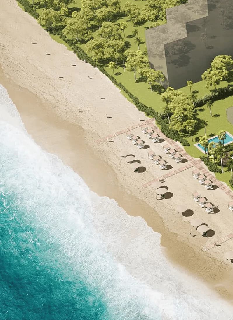 Rendering of an aerial view of the BeachWalk beachfront at Playa Caracol