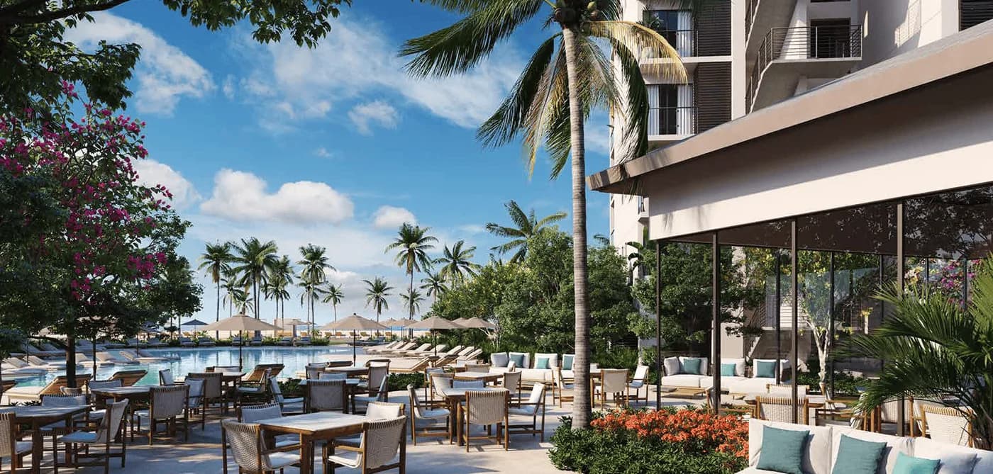 Rendering of the BeachWalk outdoor dining terrace beside the pool