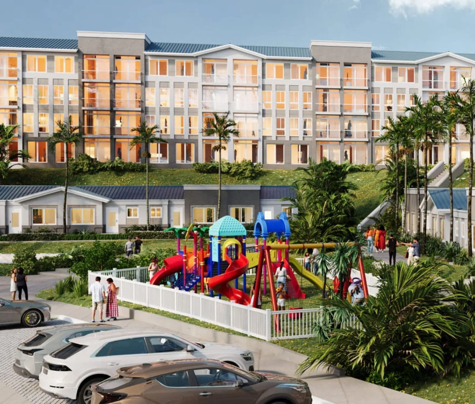 Rendering of the Ocean Front apartment buildings with playground at Playa Dorada
