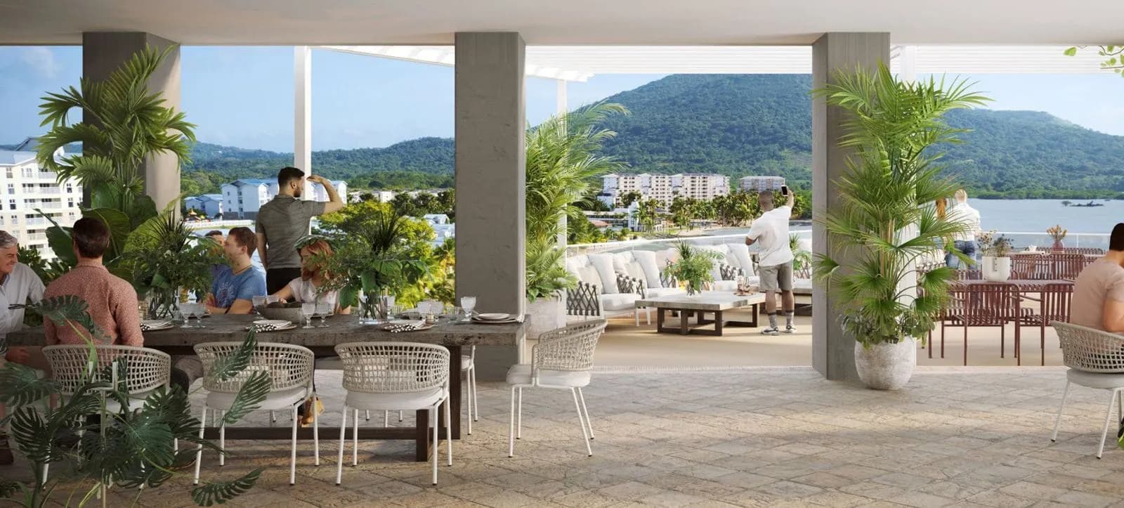 Rendering of the Ocean Front covered terrace with dining tables