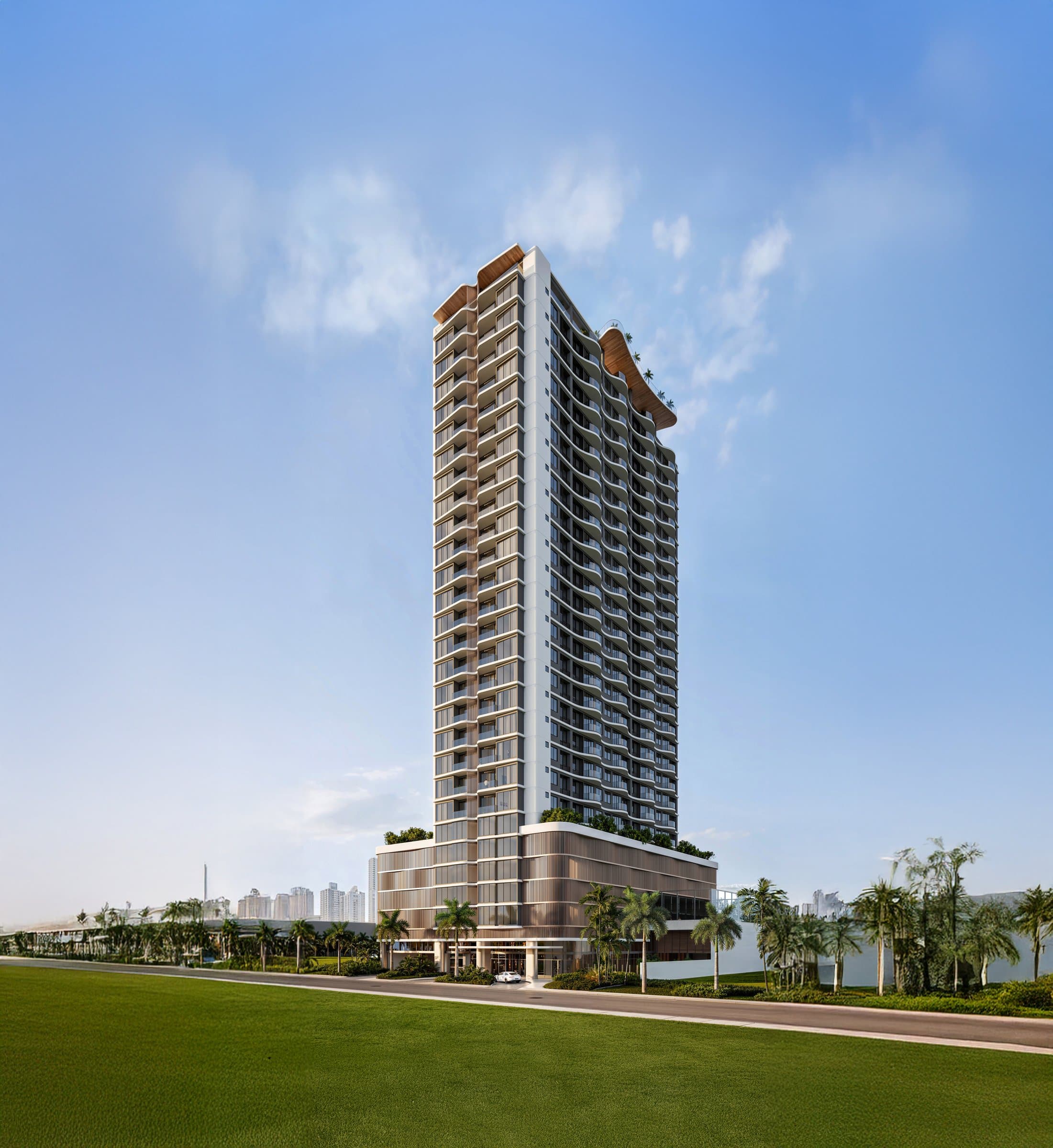 Aurum residential tower in Costa del Este, full facade view
