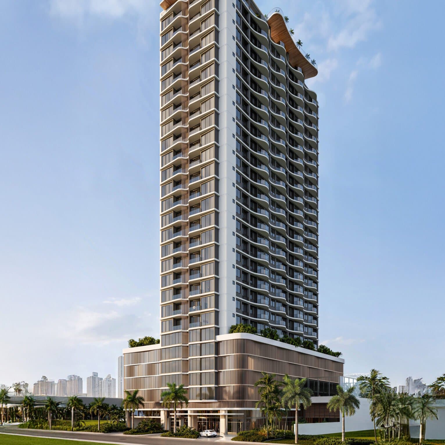 Aurum tower facade rising over Costa del Este