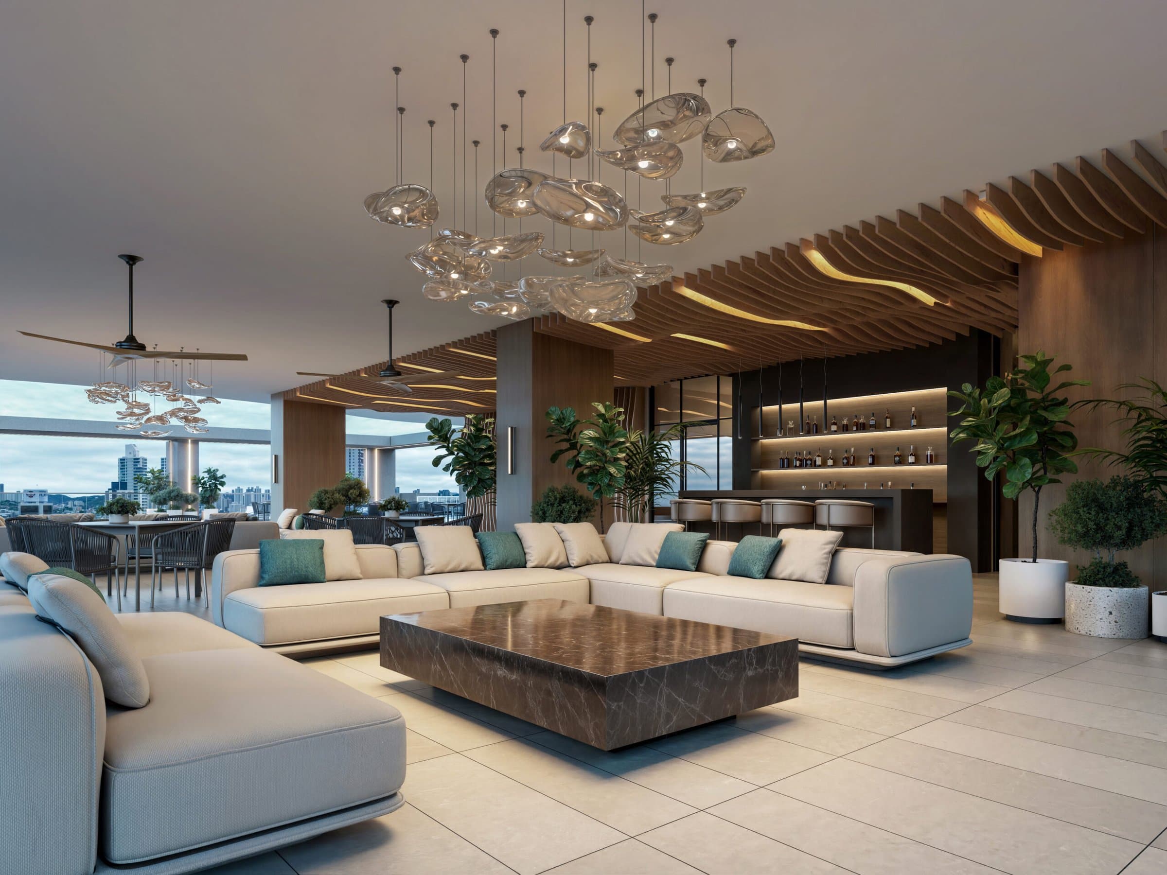 Aurum social lounge with bar and floor-to-ceiling windows over Costa del Este
