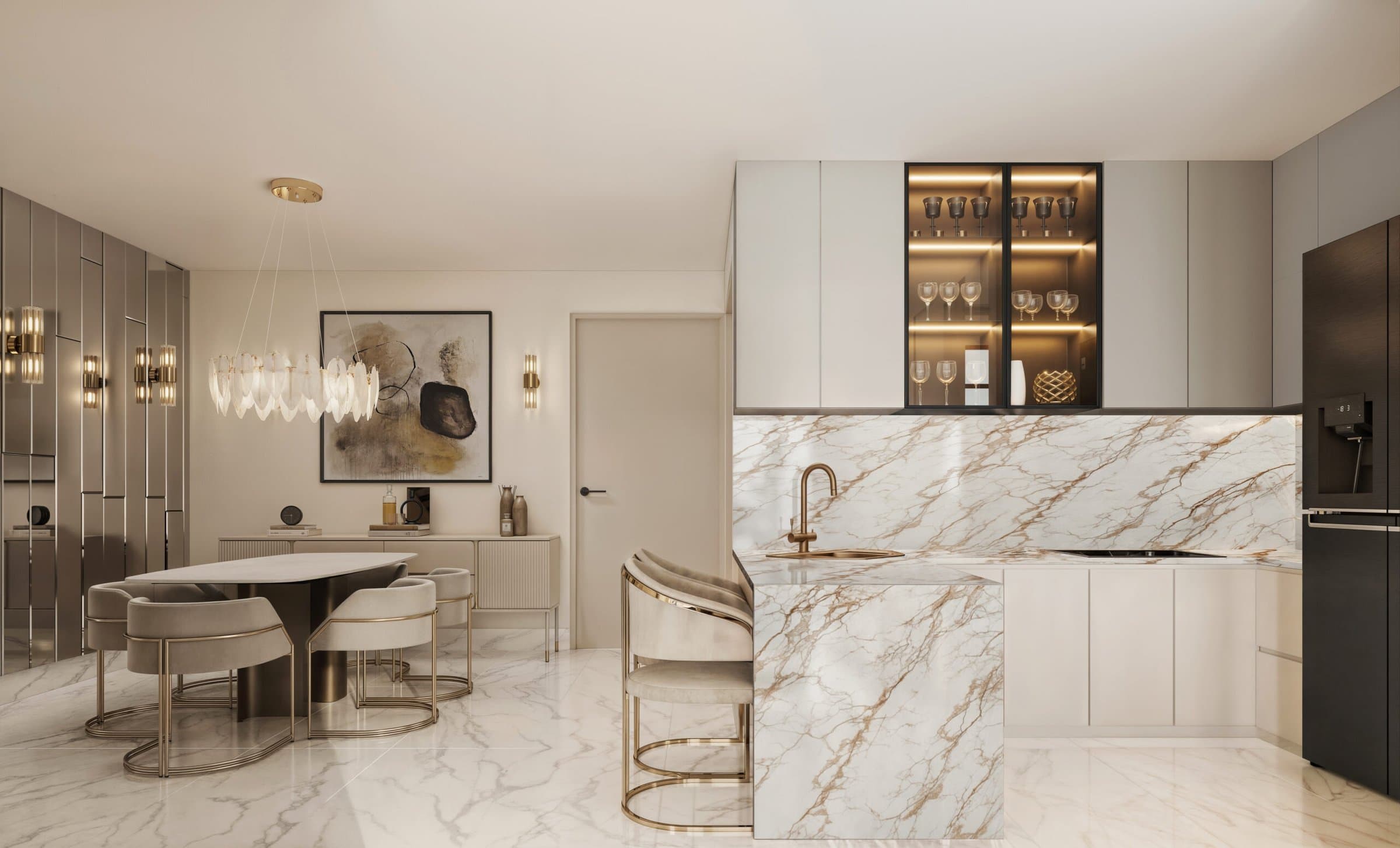 Kitchen with marble island and dining area in an Aurum apartment, Costa del Este