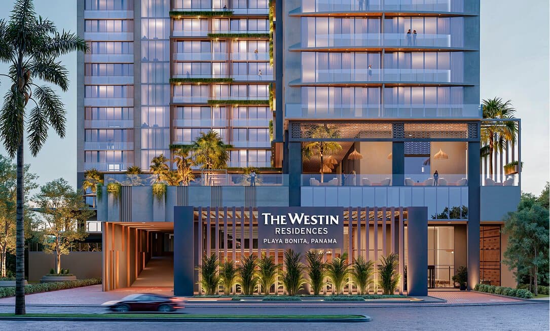 Street-level facade and branded entrance of The Westin Residences Playa Bonita