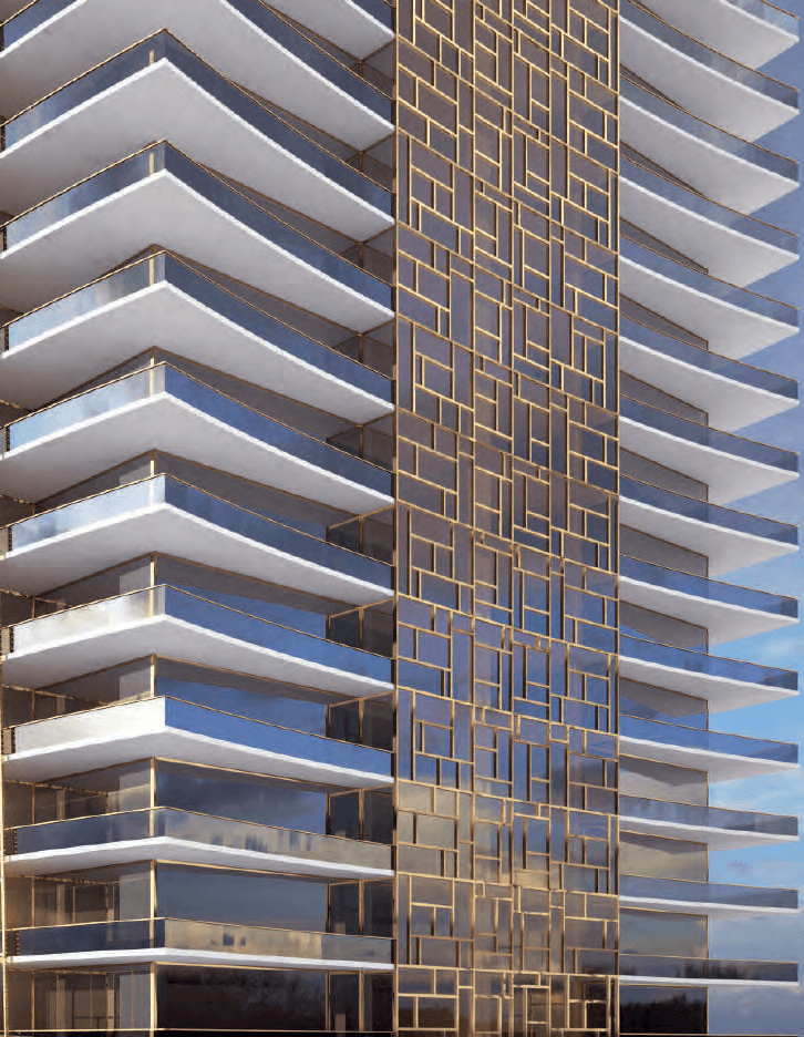 Rendering of the La Maison by Fendi Casa tower facade with its bronze lattice, Santa Maria, Panama City