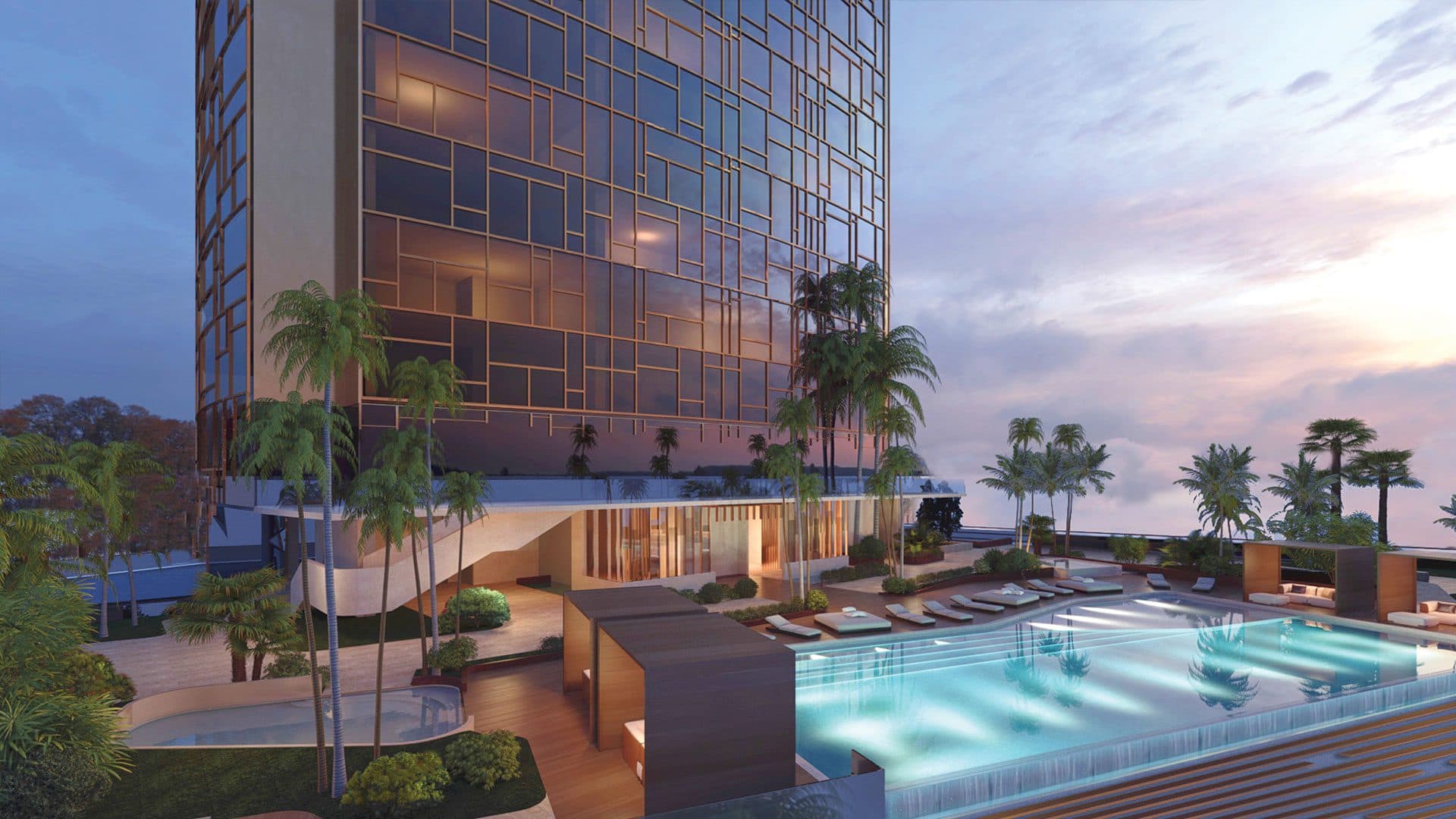 Rendering of the pool deck at the foot of the La Maison by Fendi Casa tower at dusk