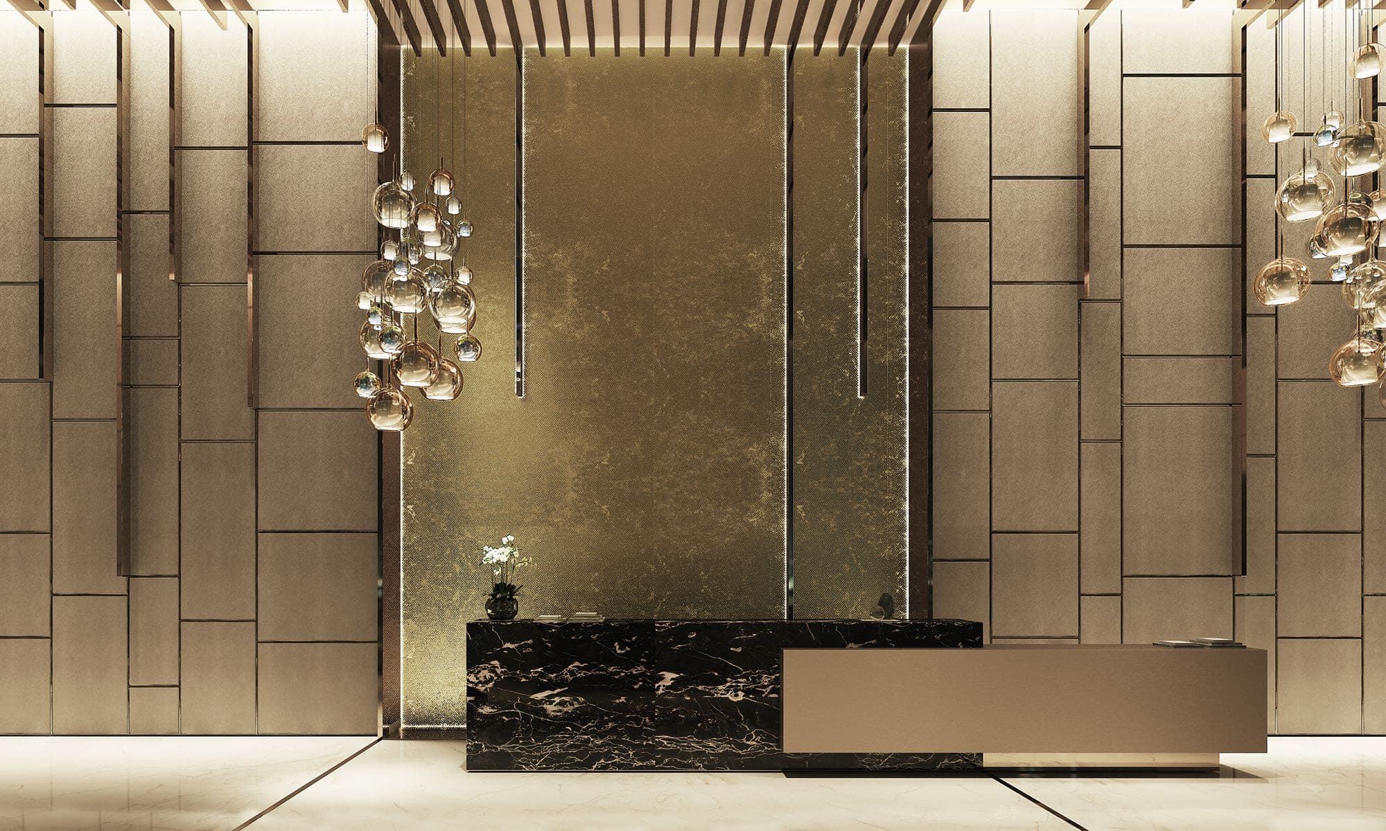 Rendering of the lobby reception with bronze pendant lights at La Maison by Fendi Casa