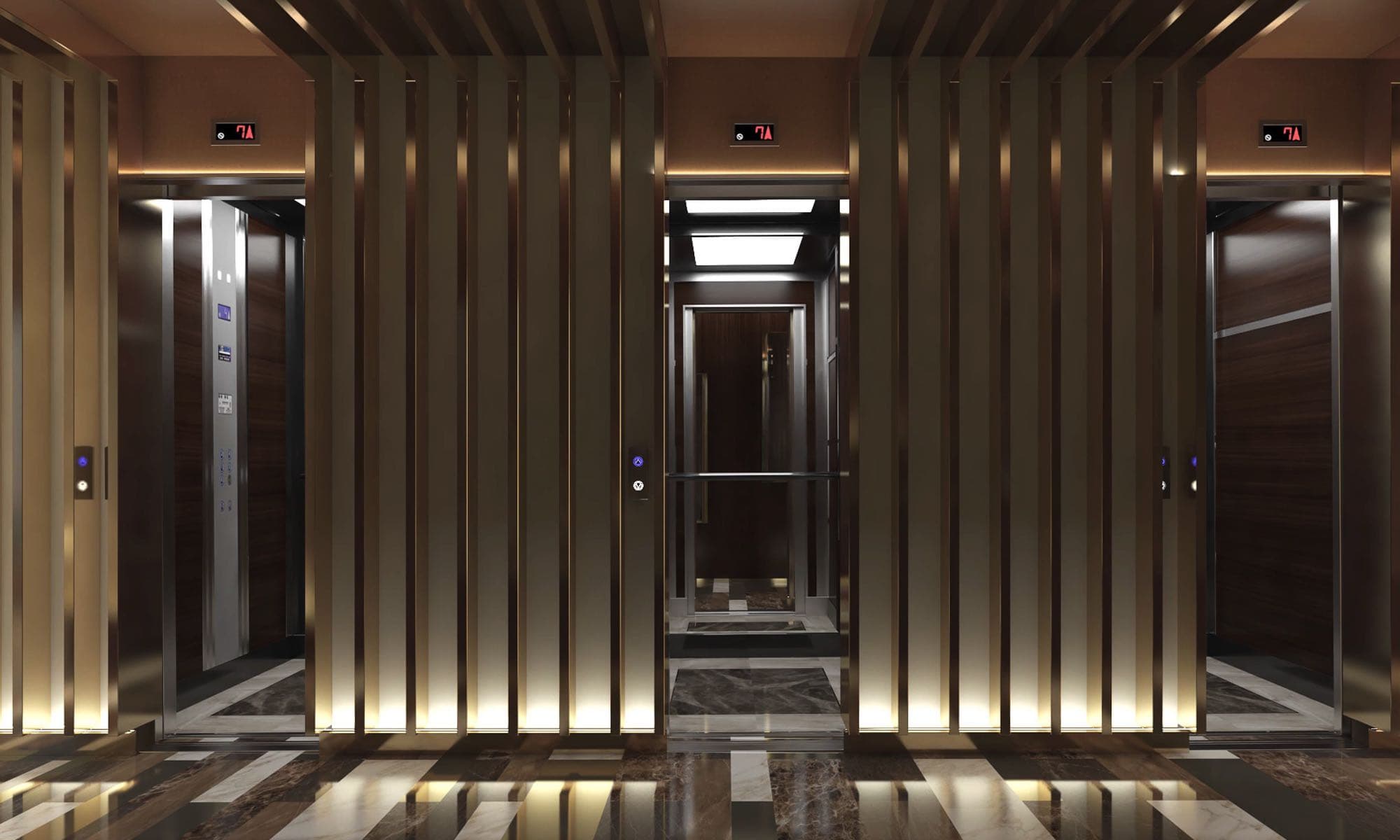 Rendering of the elevator hall with bronze fins at La Maison by Fendi Casa