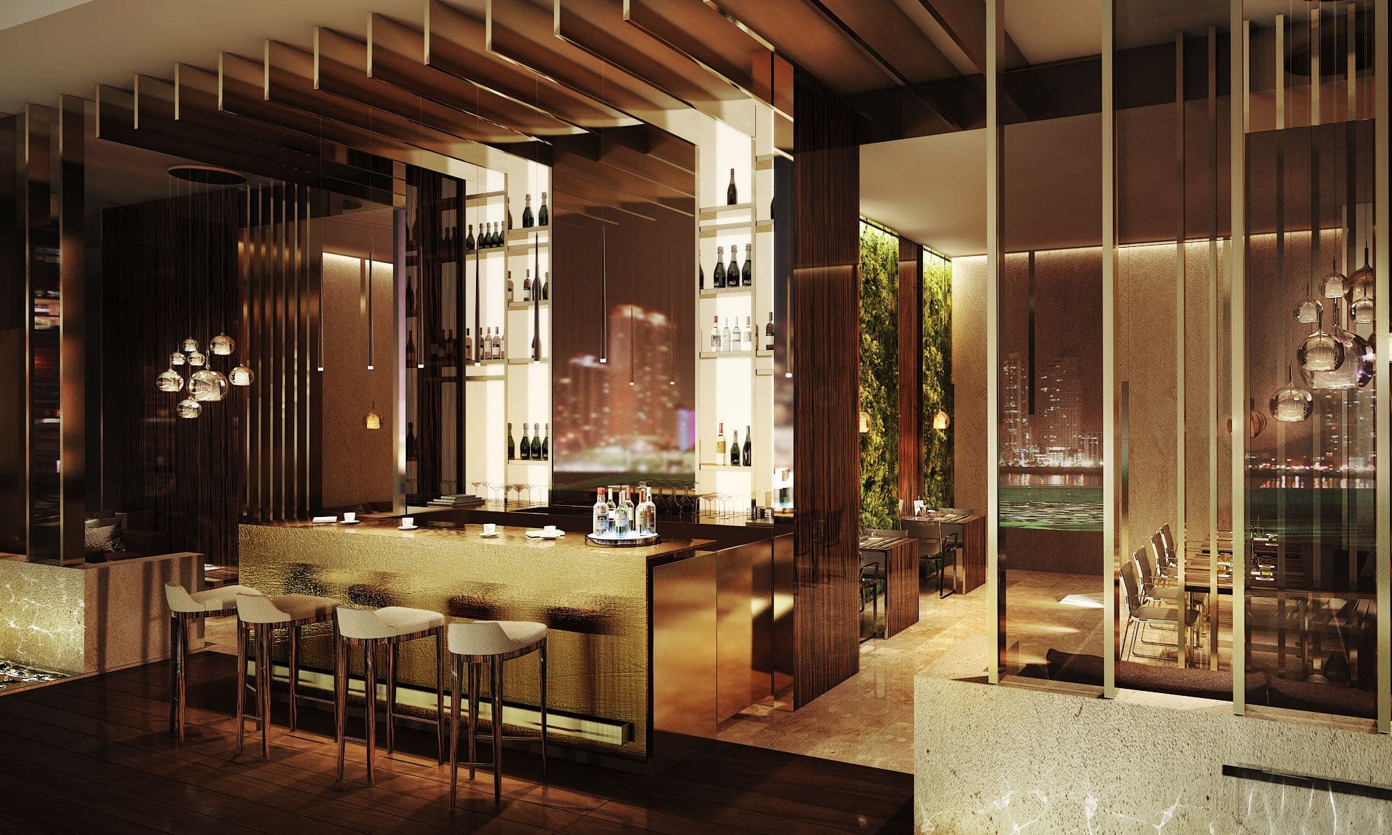 Rendering of the champagnerie bar at La Maison by Fendi Casa