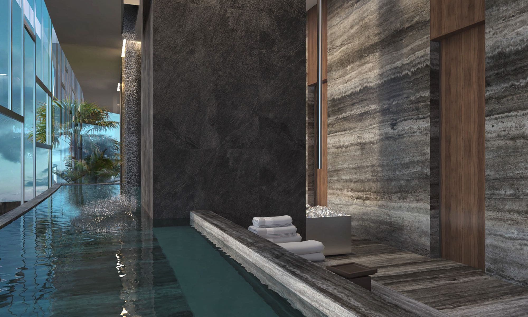 Rendering of the cold-water plunge pool corridor at La Maison by Fendi Casa