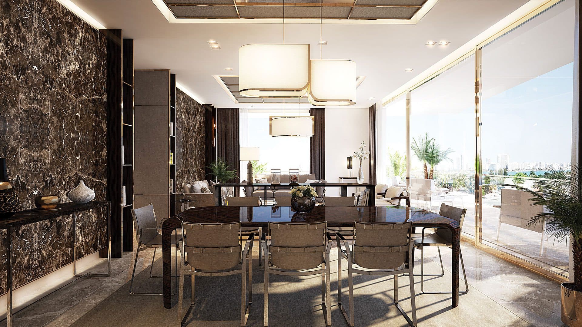 Rendering of a residence dining room with marble walls and terrace views at La Maison by Fendi Casa