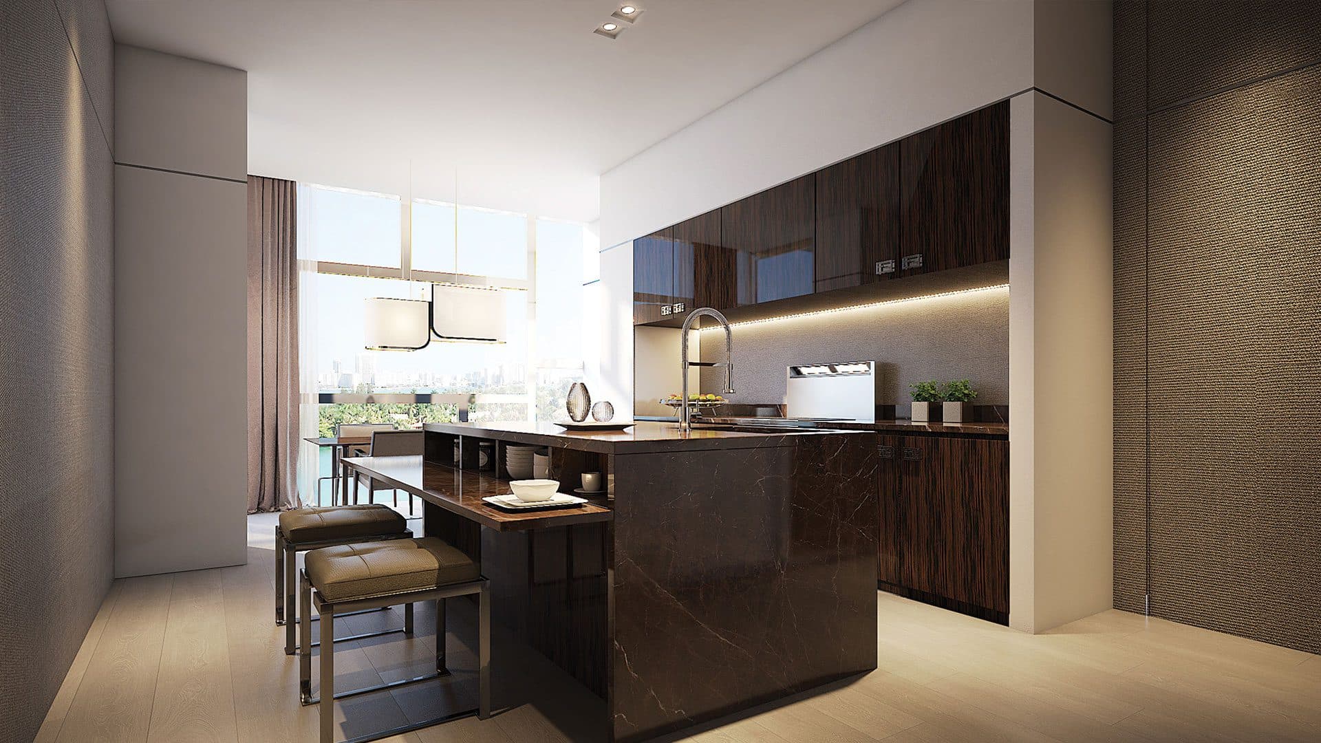 Rendering of a residence kitchen with island at La Maison by Fendi Casa