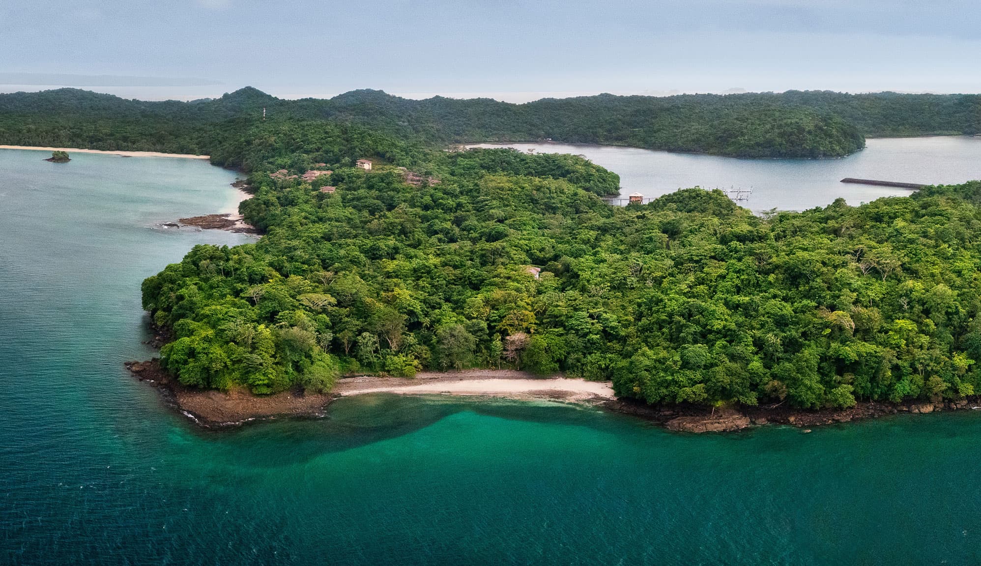 Aerial view of Pearl Island's La Peninsula and its bay in the Pearl Islands archipelago