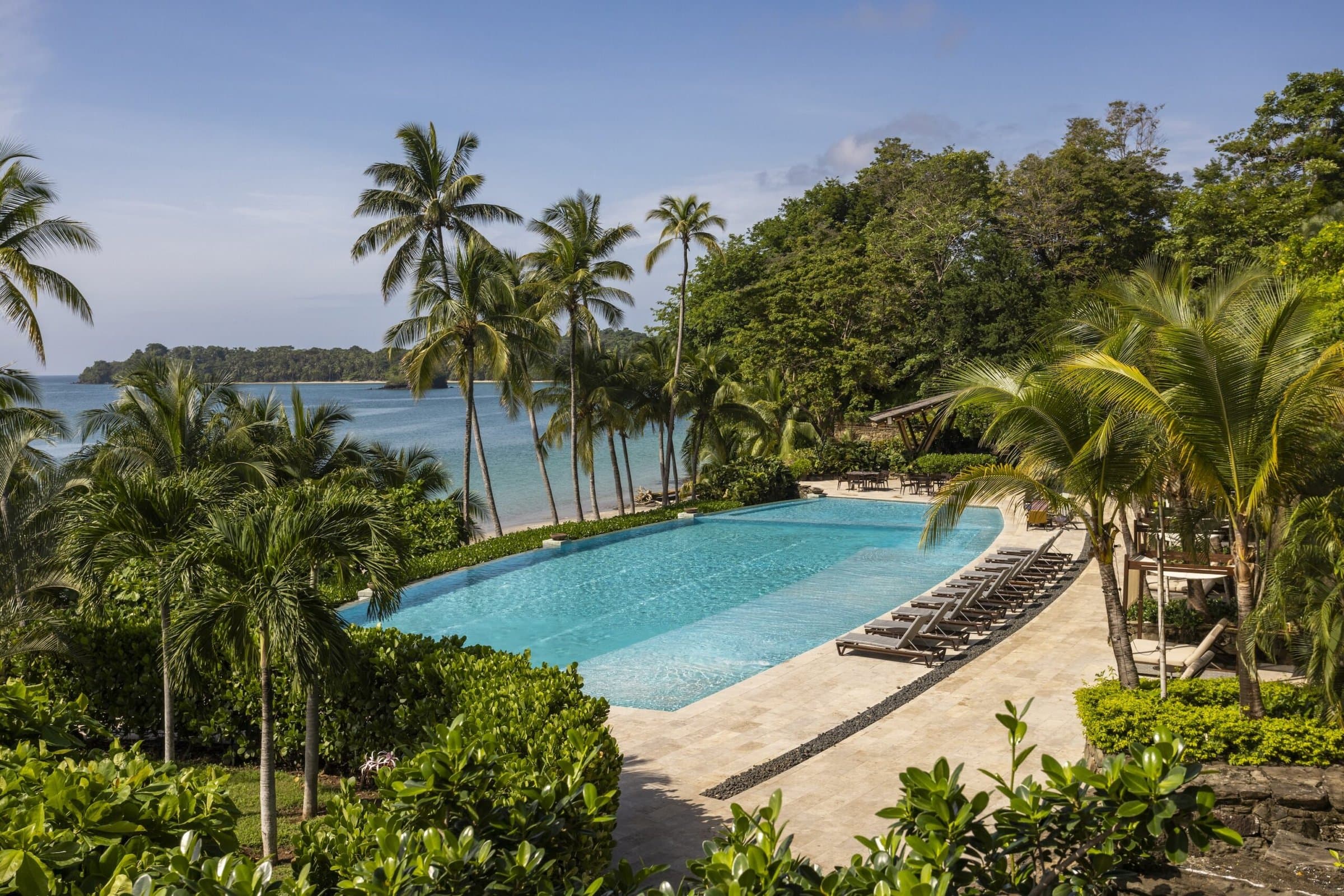 Beach Club infinity pool surrounded by palms at Pearl Island
