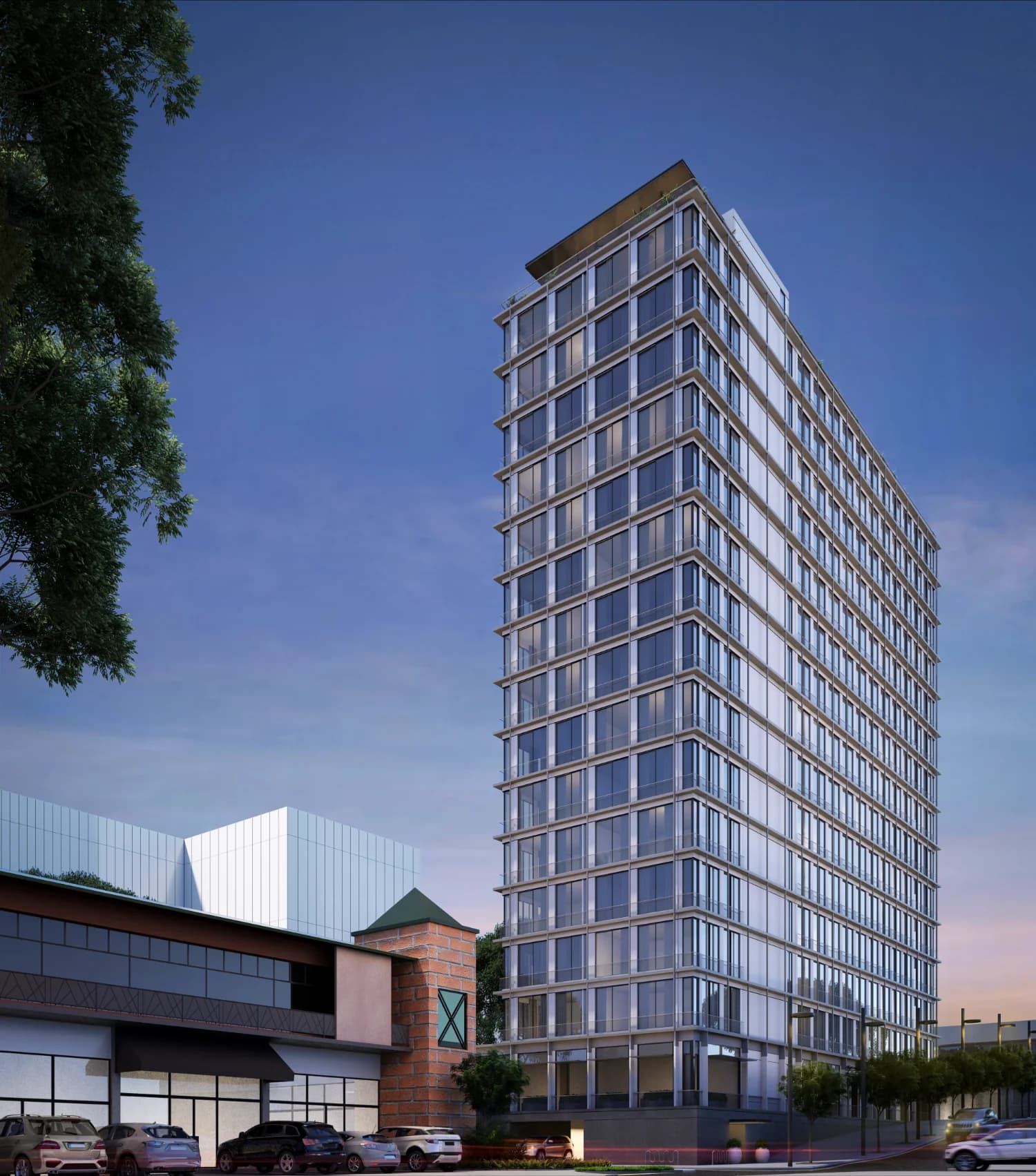 Loom Residences tower facade at dusk