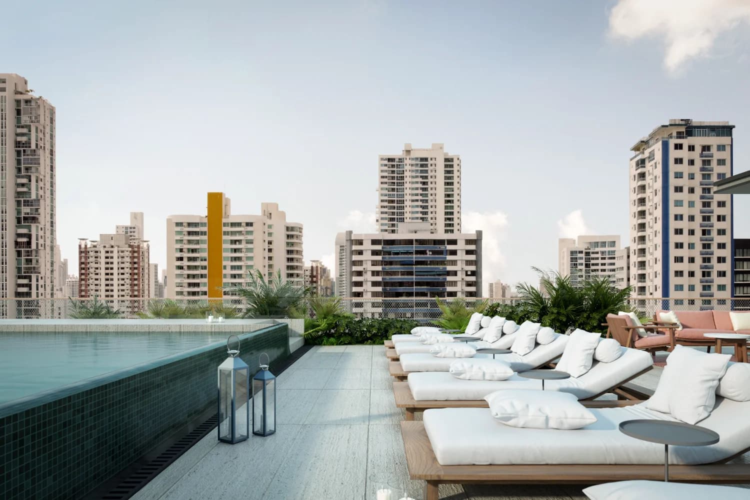Loom Residences rooftop infinity pool with sun loungers