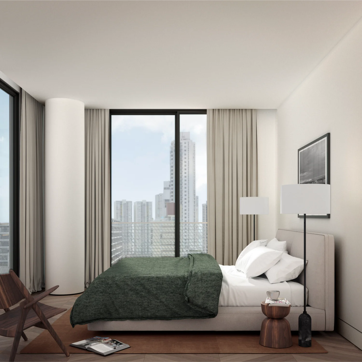 Loom Residences apartment bedroom with city views