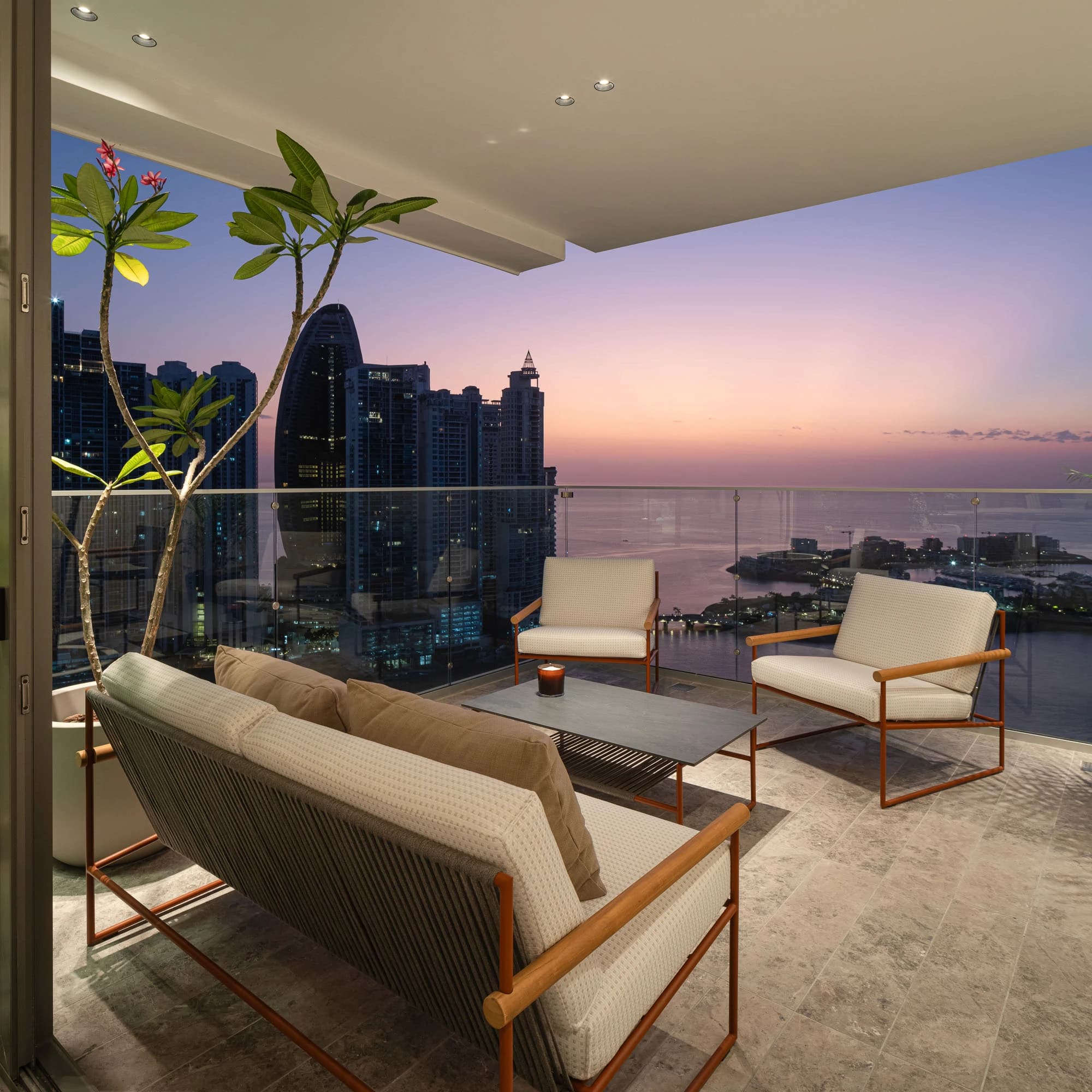 Sea Point furnished balcony overlooking the bay and the skyline at sunset
