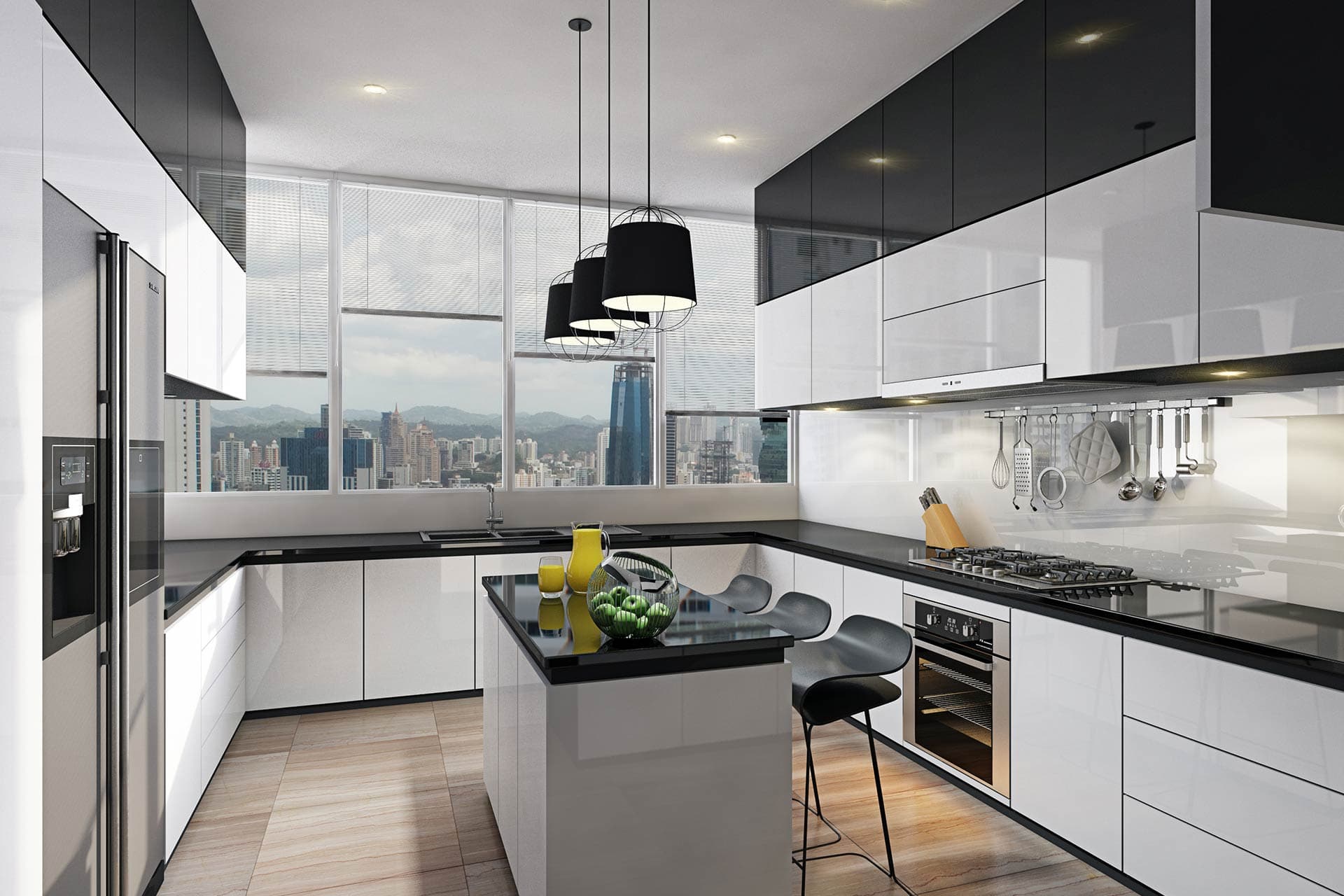 Modern kitchen with island and city views in a Sea Point apartment