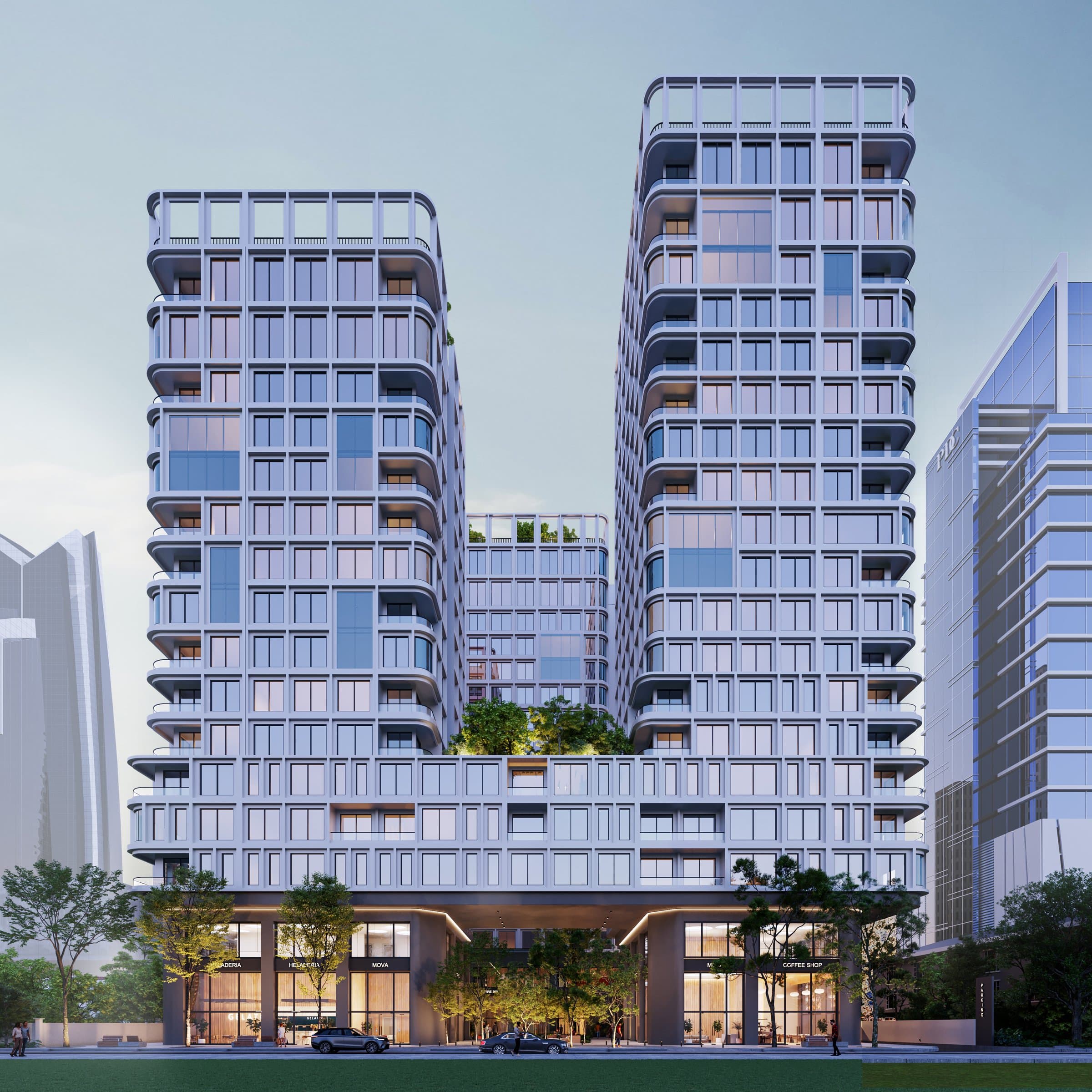 Twin residential towers of MOVA with landscaped podium terraces in Obarrio