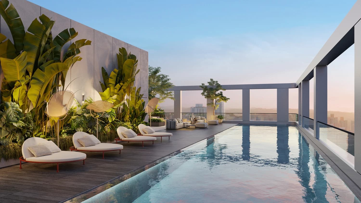 Rooftop sky pool with loungers and tropical planting at MOVA