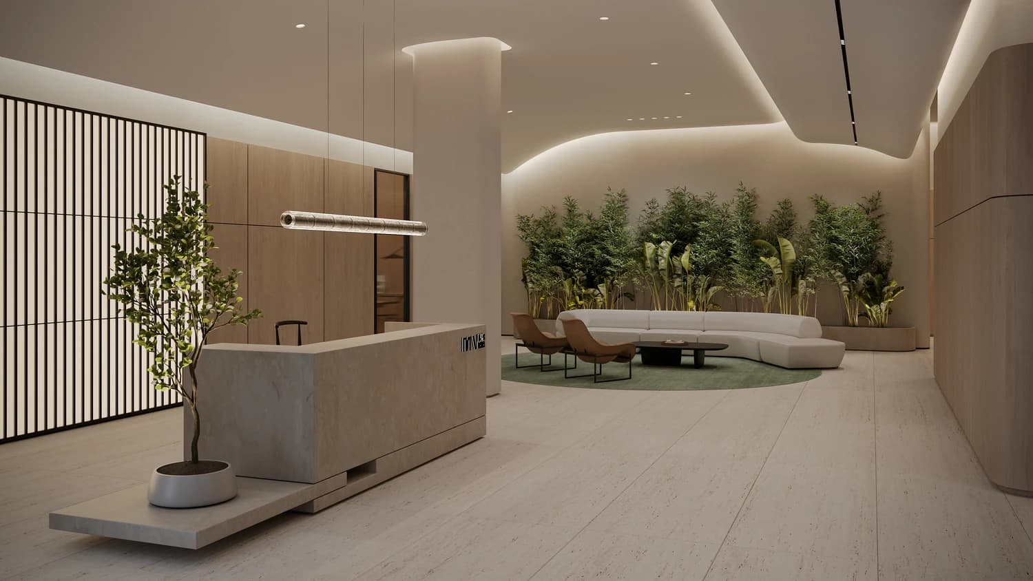 Lobby with reception desk and planted lounge at MOVA
