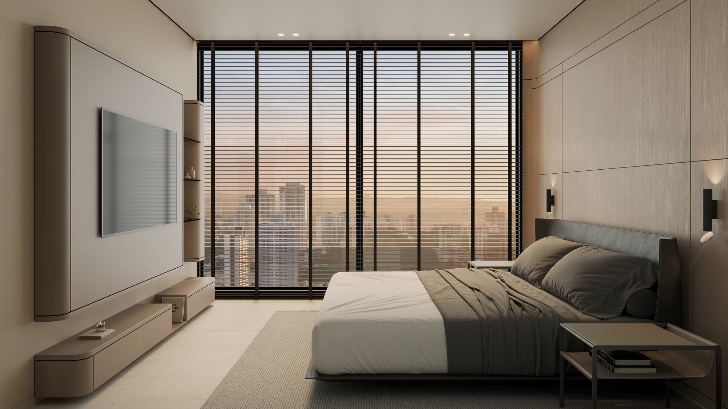 Bedroom with floor-to-ceiling windows and city view in a MOVA apartment