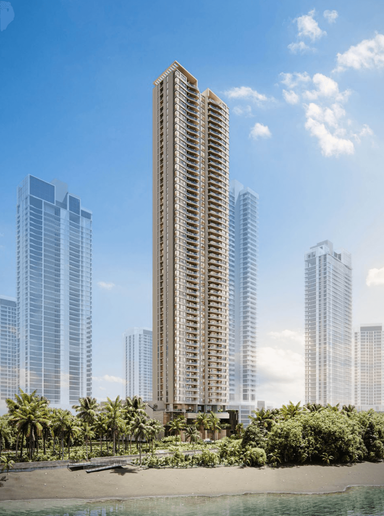 Tagua residential tower rising over the Costa del Este waterfront with the Panama City skyline behind