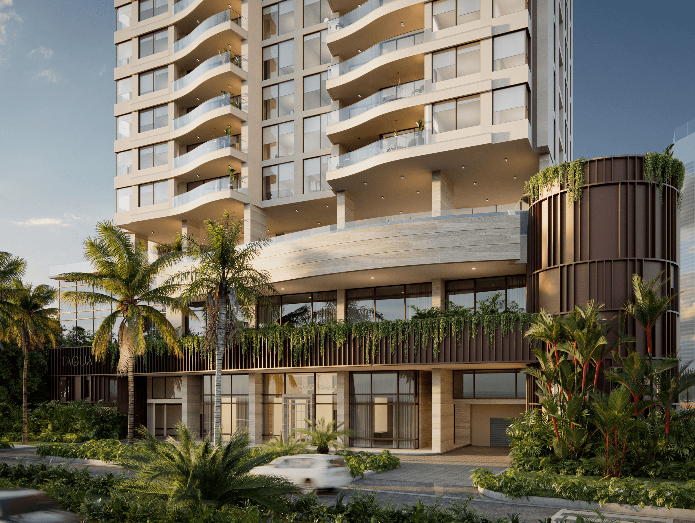 Lower floors and landscaped podium terraces of the Tagua tower in Costa del Este