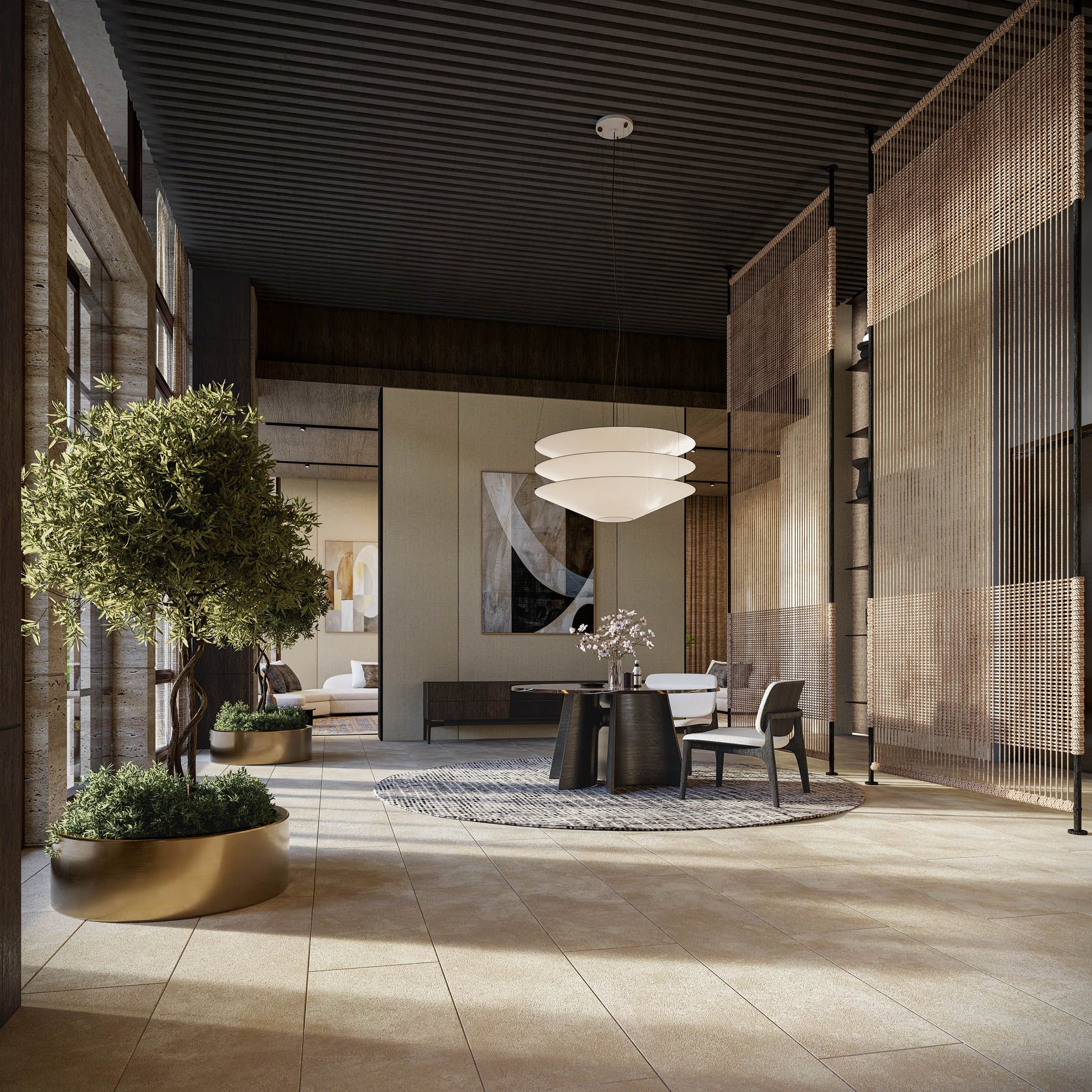 Double-height lobby lounge with sculptural tree at Tagua