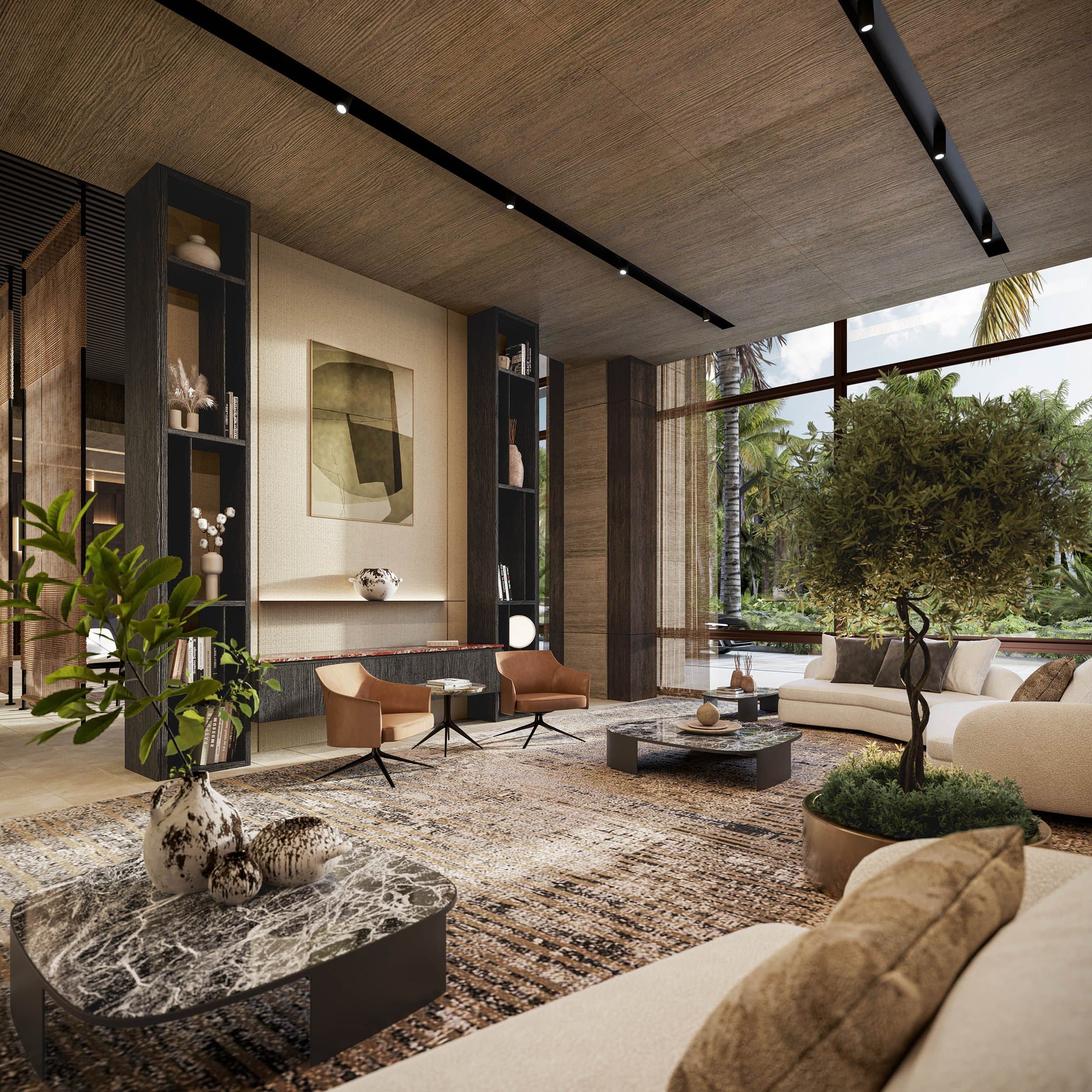 Social lounge with floor-to-ceiling windows and garden views at Tagua