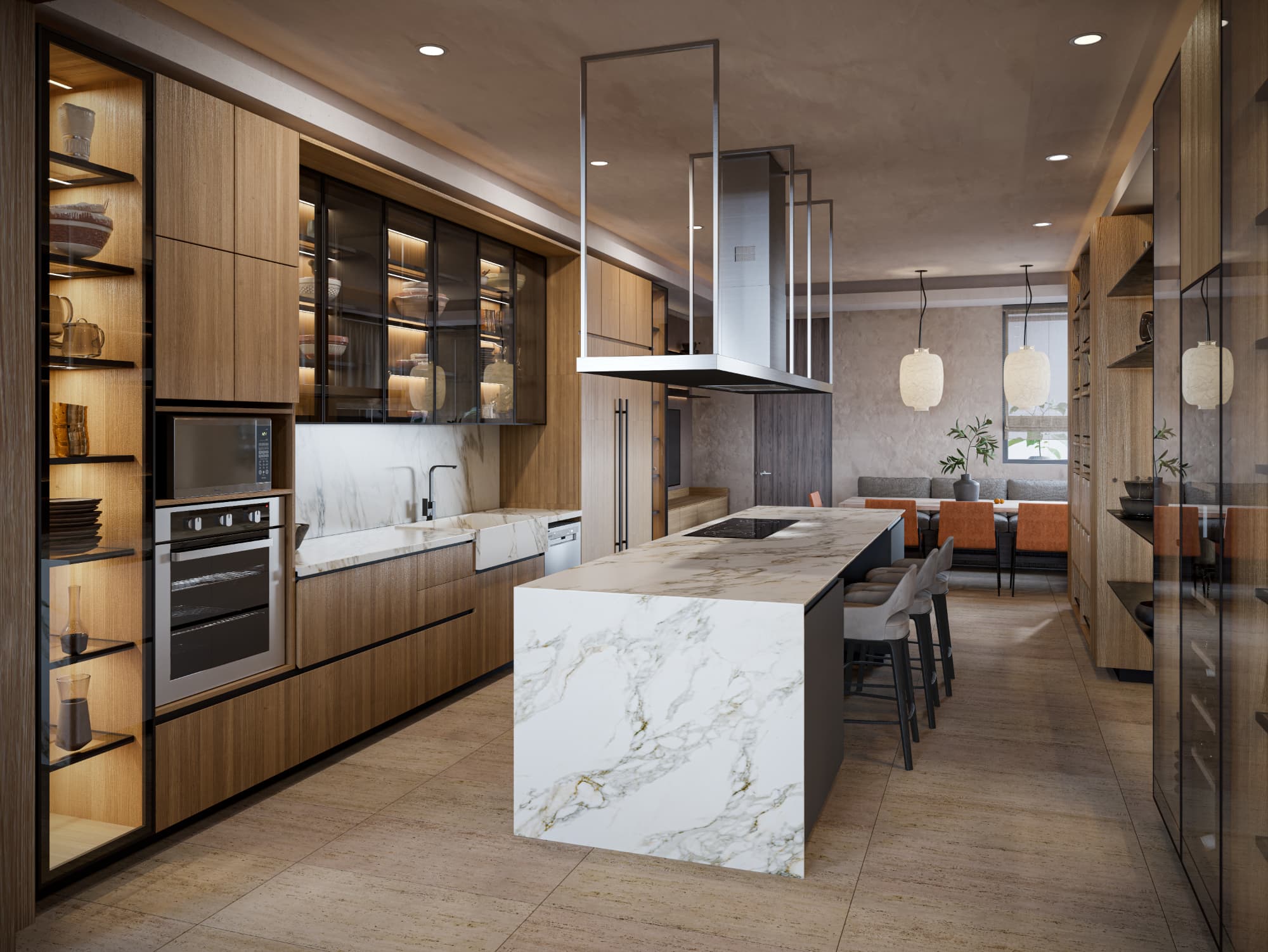 Kitchen with marble island and wood cabinetry in a Tagua apartment